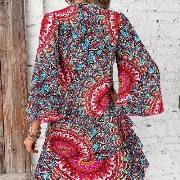 Red Boho Womens Mandala Print Flare Sleeve Ruffle Hem Blouse - Picture 3 of 4